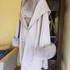 Taupe fox fur trimmed cape coat